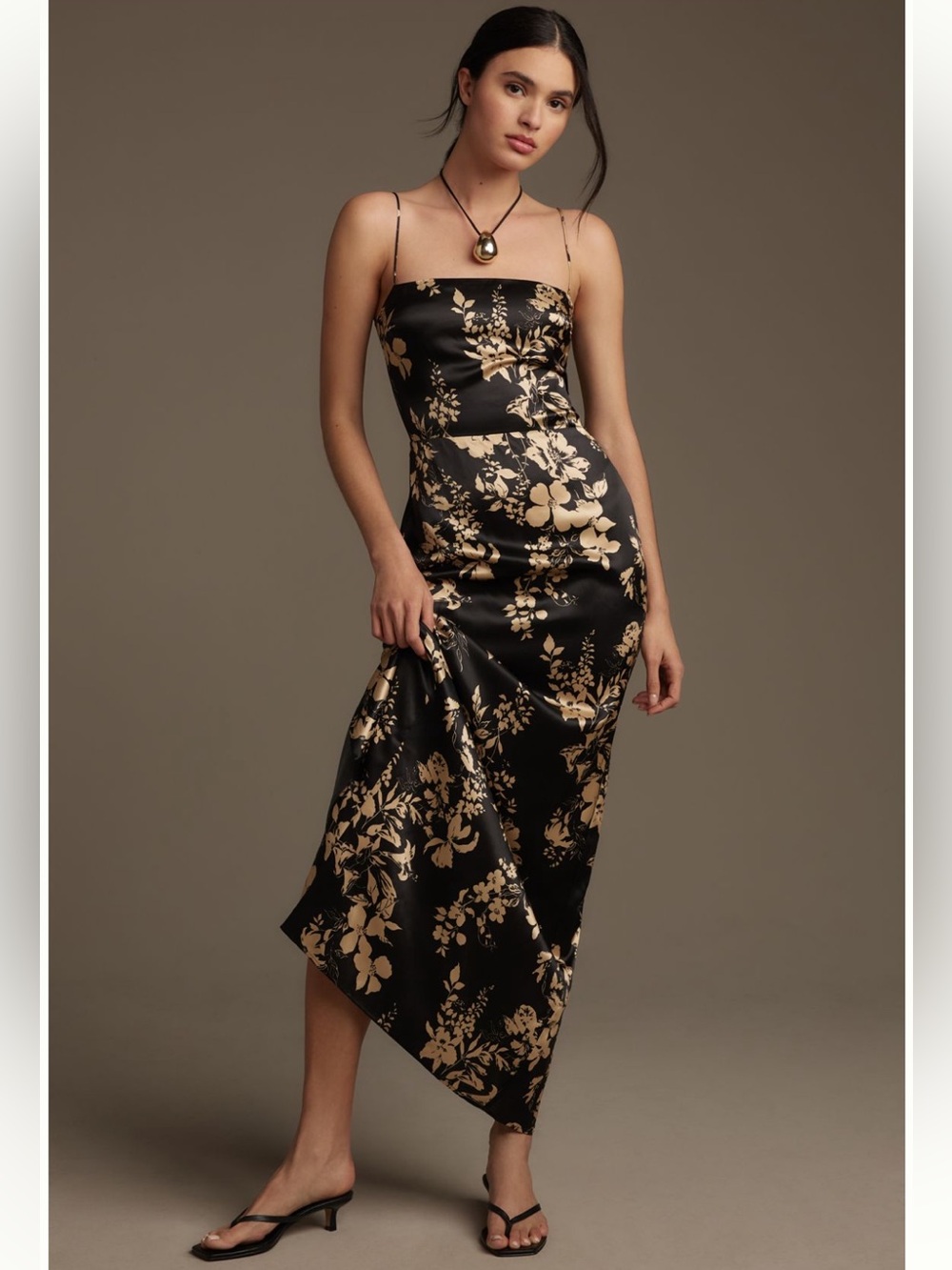 Reformation Frankie silk Black maxi Dress with Gold Floral Print. Size 10